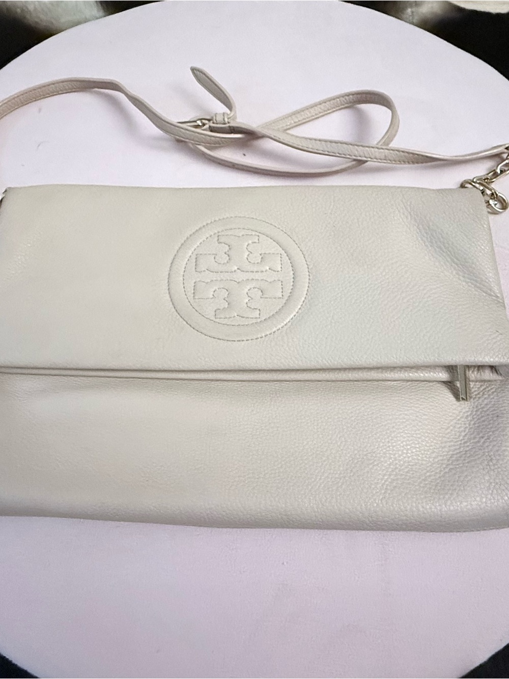 Tory Burch Light Cream Fold-Over Leather Crossbody Clutch